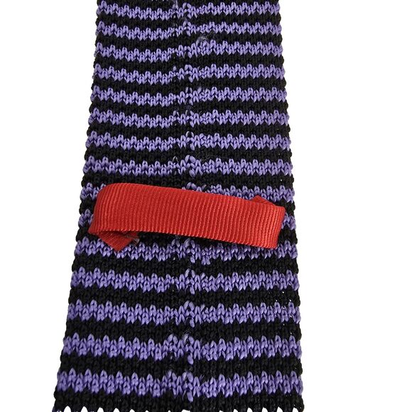 Chaps Knit Skinny Tie Black Purple Striped Mens Handmade Neckwear Square Tip - Picture 10 of 12